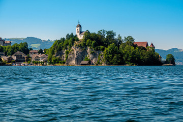 Johannesberg Chapel, Traunkirchen and lake Traunsee in Salzkammergut, Austria
