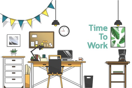 Minimal office style vector image, The interior is designed in a simple and modern. - Vector