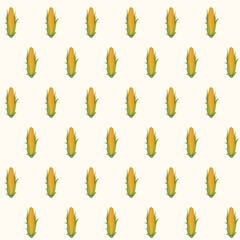 Vector seamless pattern with corn cobs with yellow corn grains and green leaves in retro style on light background. Repeatable illustrations of the ripe corn on the cob.