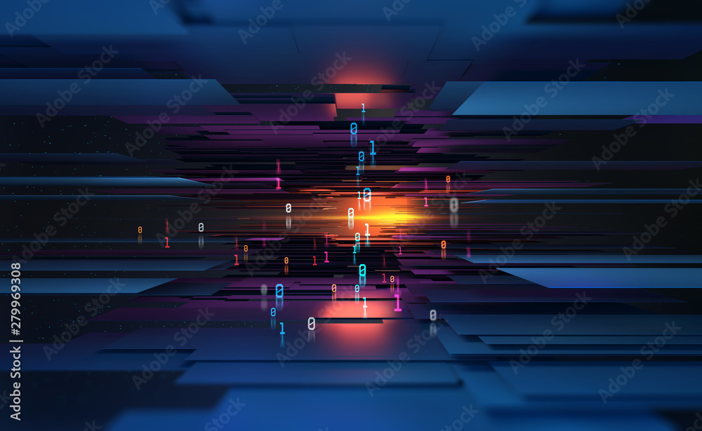 Poster Future digital city concept. Blockchain technology. Abstract information network in global cyberspace. 3D illustration of data blocks in a cloud database. Computer binary code