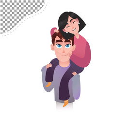 The girl sits on the shoulders of her father. Couple in love, girl teenager on the shoulders of a strong guy. Vector isolated illustration.