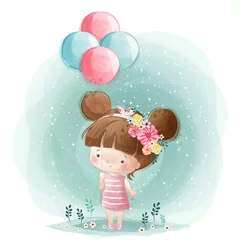 Wall murals Nursery Cute Little Girl Holding Balloons