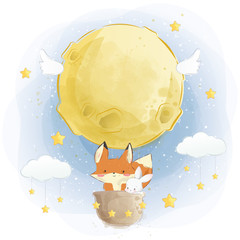 Cute Fox and Bunny Flying with Moon Air Balloon © Lorarts