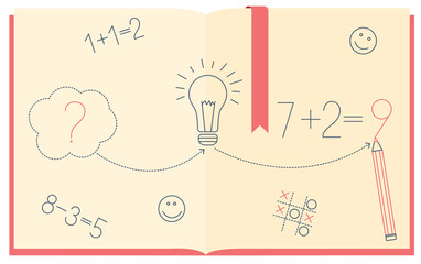 School doodles in a notebook with a bookmark. Solution of the problem, write numbers in pencil. Vector flat illustration on isolated white background. Solving a mathematical example. 