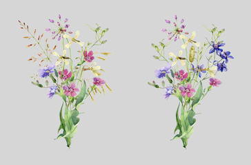 watercolor bouquets of wild flowers carnations and herbs