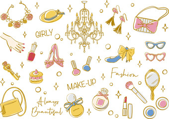 Cosmetics and Fashion accessories set. Hand drawn vector illustration.