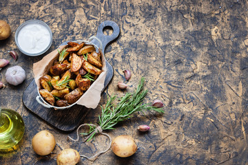 Baked young potatoes in a rustic style with sour cream