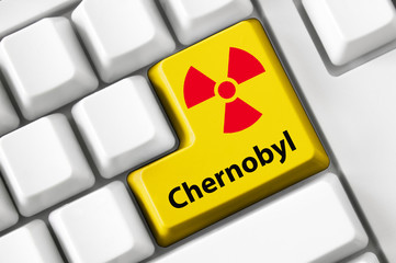 keyboard with radioactivity sign on button, radiation hazard concept, x-ray dangerous