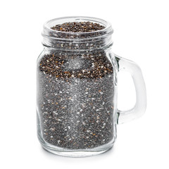 chia seeds in jar isolated on white background