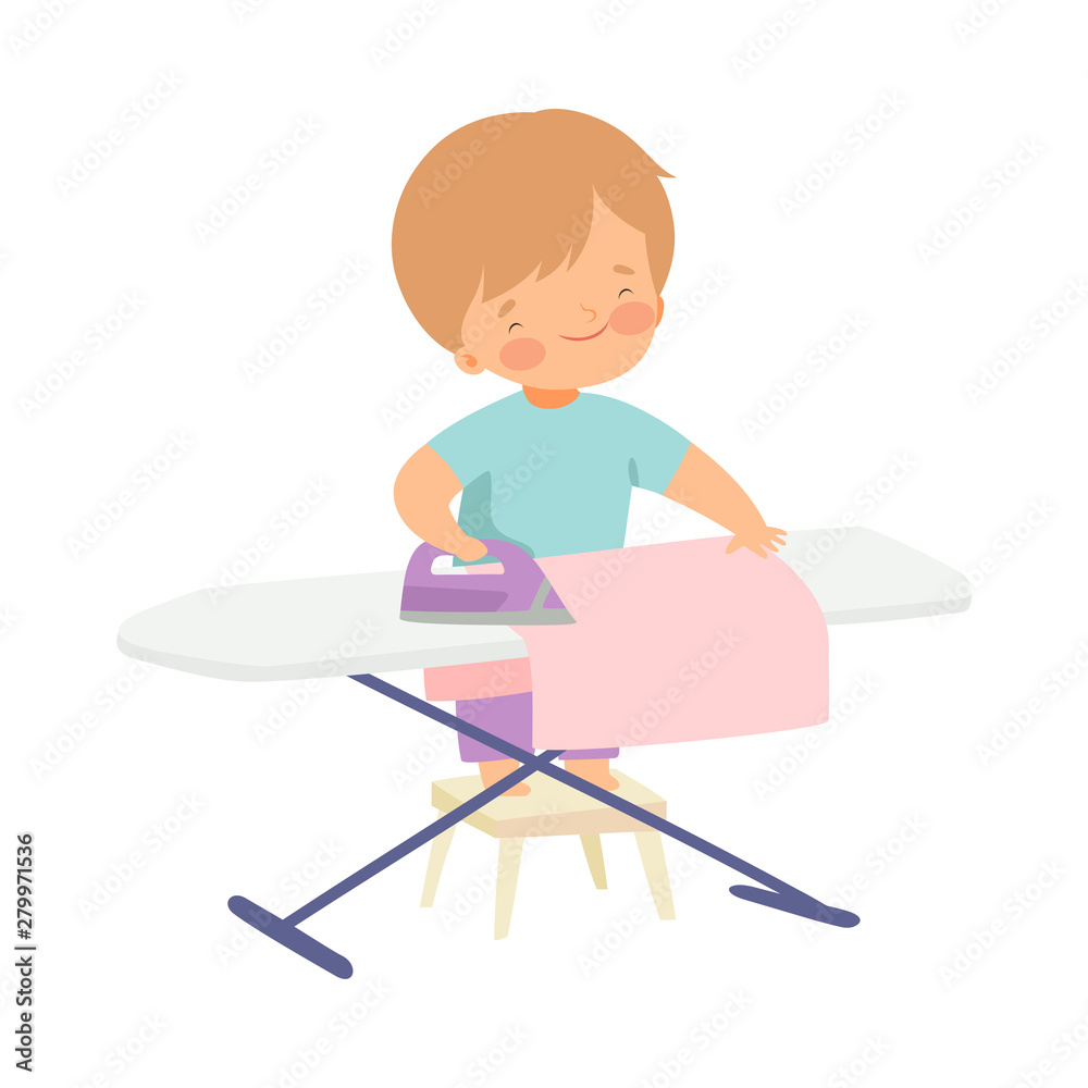 Poster Cute Boy Ironing Clothes on Board, Adorable Kid Doing Housework Chores at Home Vector Illustration