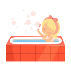 Cute Girl Taking Bath and Playing with Soap Bubbles, Adorable Little Kid in Bathroom, Daily Hygiene Vector Illustration