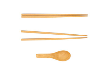 Wooden spoon and chopsticks, isolated on white background. Top view image.