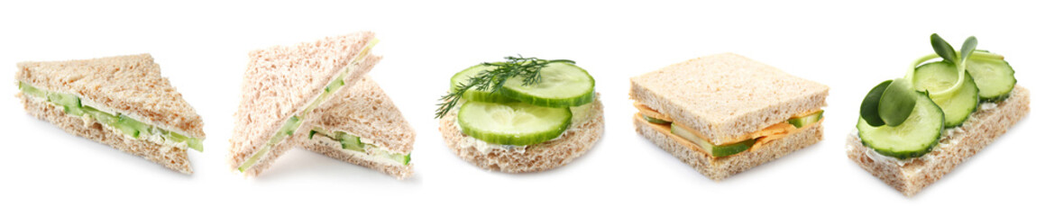 Tasty sandwiches with cucumber on white background