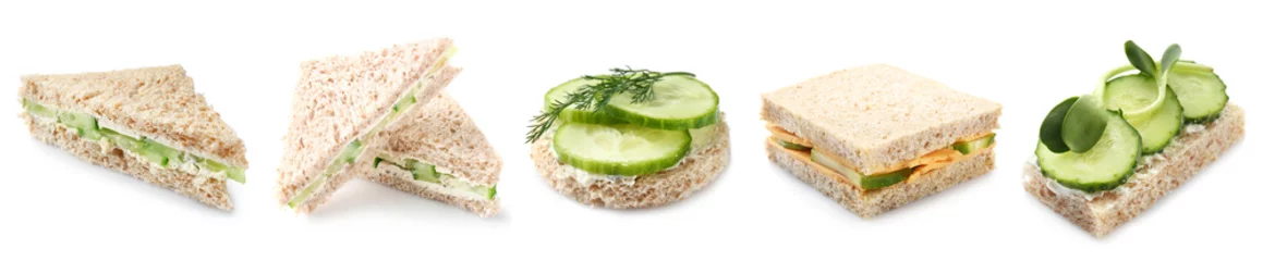Foto auf Acrylglas Tasty sandwiches with cucumber on white background © Pixel-Shot
