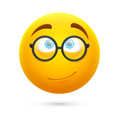 Cartoon yellow 3d smiley face. Cute geek vector emoji isolated on white background. Illustration of geek and nerd emoji expression