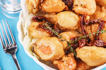 Mediterranean dish, salmon meat fried in butter served in rosemary dough