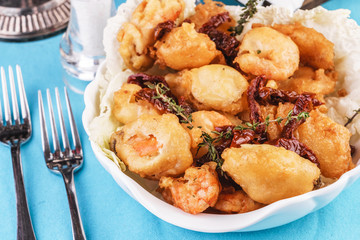 Mediterranean dish, salmon meat fried in butter served in rosemary dough