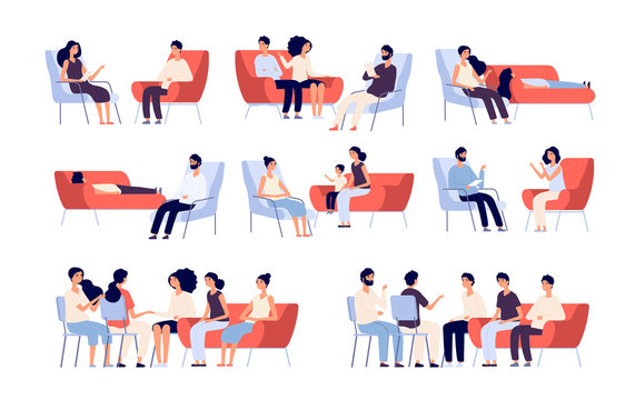 Group Therapy. People Crowd Consulting With Psychologist, Persons Talking To Psychotherapist. Family Psychoanalysis Vector Characters. Illustratration Of Psychotherapy Problem, Psychotherapist