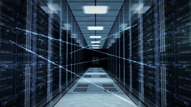 Flight through rack servers in computer data center with neural network connection. Seamless and loopable concept of supercomputer, artificial intelligence and deep learning.