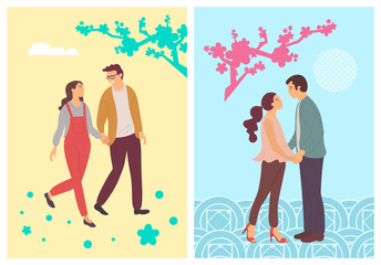 Spring blossoms and abstract students in love, people in cartoon style. Vector girls and boys walking and holding hands, gently hugging, teenagers lovers