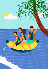 Beach activities on tropical resort, family riding on inflatable banana on sea, water splashes. Mother, father and son leisure, extreme recreation sport