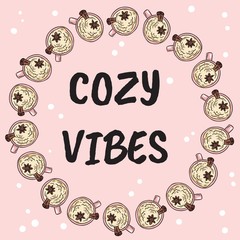 Cozy vibes. Tasty coffee drink with cinnamon and whipped cream. Cute banner design