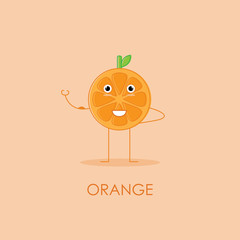 Cute emoji, orange fruit character logo and icon with flat style design vector illustration