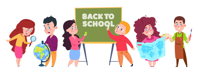 Obraz premium School kids vector. Students cartoon character isolated on white background. Back to school illustration. Girl and boy, student education with classmate