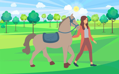 Obraz na płótnie Canvas Forest nature vector, woman spending weekends with animals and natural park. Horse and female character touching mammal, mane or stallion flat style. Girl walking with brown horse