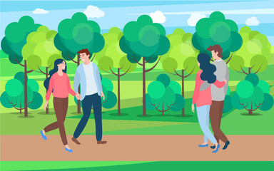People in love and summer season, man and woman walking in spring park among green trees and bushes. Couple in casual cloth spend time together outdoors