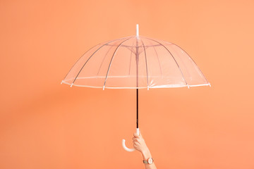 Female hand with stylish umbrella on color background