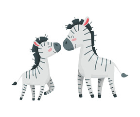 Pair of zebras. Mom and baby. Vector illustration on white background.