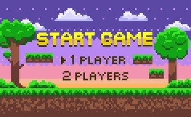 Start game page decoration by trees and bushes, grass and underground view, cloudy sky and steps, 1 player or 2 players choosing, pixel screen vector. Pixelated 8 bit video-game