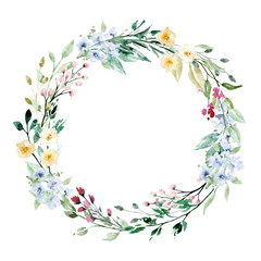 Obraz na płótnie Canvas Wreath with watercolor flowers, green leaves. Floral summer frame for printing invitations, greeting cards, wall art, stickers and other. Isolated on white. Hand painted. 