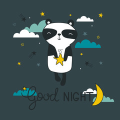 Hand drawn illustration with happy panda, moon, stars and lettering. Colorful cute background vector. Good night, poster design. Backdrop with english text, animal. Funny card, phrase
