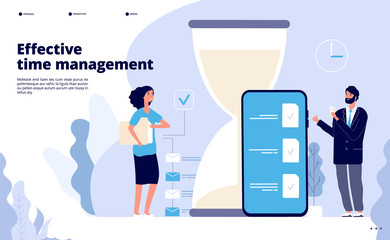 Time management landing. Effective business planning, successful teamwork solution. Calendar, perfect scheduling app vector web page. Illustration business planning, effective productive, optimization