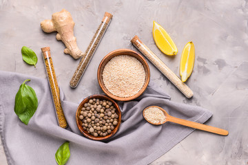 Assortment of spices on grunge background