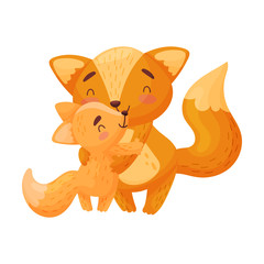 Mother fox with baby. Vector illustration on white background.