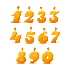Set of colorful birthday candle numbers. Wick and fire. Vector illustration. BOLD HAND DRAWN FONT
