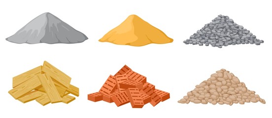 Construction material piles. Gypsum and sand, crushed and stones, red bricks and wooden planks heaps isolated vector set. Industrial plywood, panel and pile of bricks and sand illustration © MicroOne