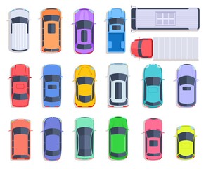 Top view cars. Auto transport, truck and car roof of vehicle transport. City traffic, automobile transportation flat vector set. Auto truck and vehicle, automobile car above illustration