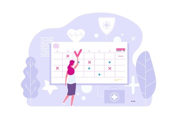 Online doctor appointment. Vector woman and calendar, planning board, agenda. Illustration of calendar appointment, consultation doctor