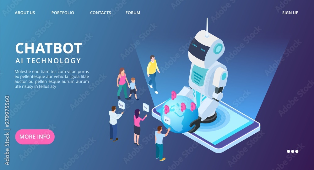 Poster chatbot landing page. artificial intelligence vector web banner. isometric ai robot with people and 