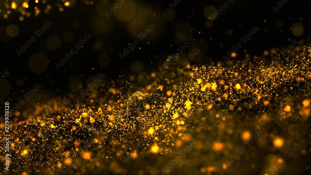 Wall mural digital abstract gold color wave particles flow and dust, cyberspace background concept.