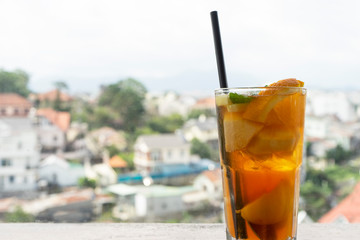Tropical Juice Cocktail On Rooftop Outdoor.