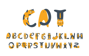Cats flat vector font. Kittens cartoon stylized alphabet bold symbols. Cute and funny domestic animals isolated decorative uppercase letters set. Creative latin color typeset for children book