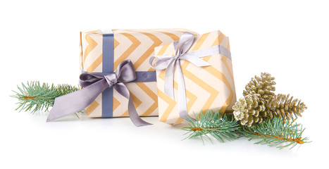 Beautiful Christmas gift boxes on white background