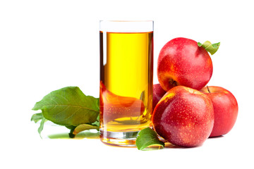 Glass of apple juice and red apples isolated on a white background.