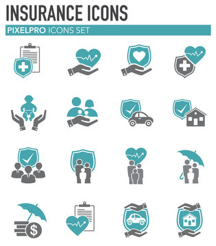 Insurance related icons set on background for graphic and web design. Simple illustration. Internet concept symbol for website button or mobile app.