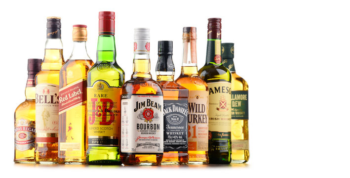 Composition with bottles of popular whiskey brands